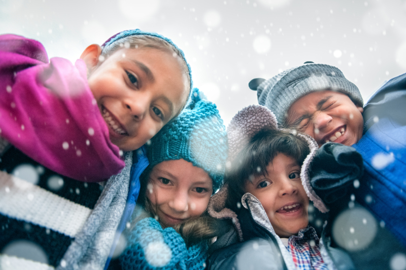 kids taking photo in winter